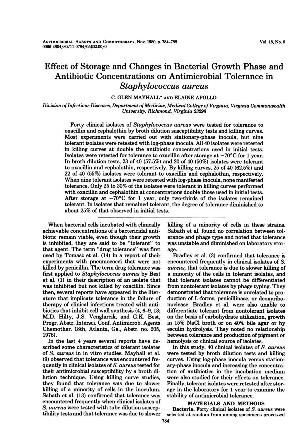 ANTIMICROBIAL AGENTS AND CHEMOTHERAPY, Nov. 1980, p. 784-788 0066-4804/80/11-0784/05$02.00/0 Vol. 18, No.