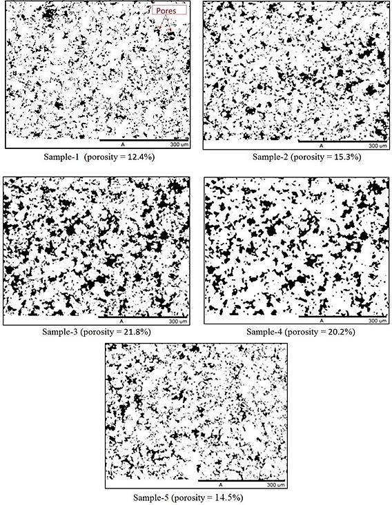 Fig.9 Selective SEM images for the five samples prepared by LFS. Table-2 Average porosity measured by image processing Sample No.