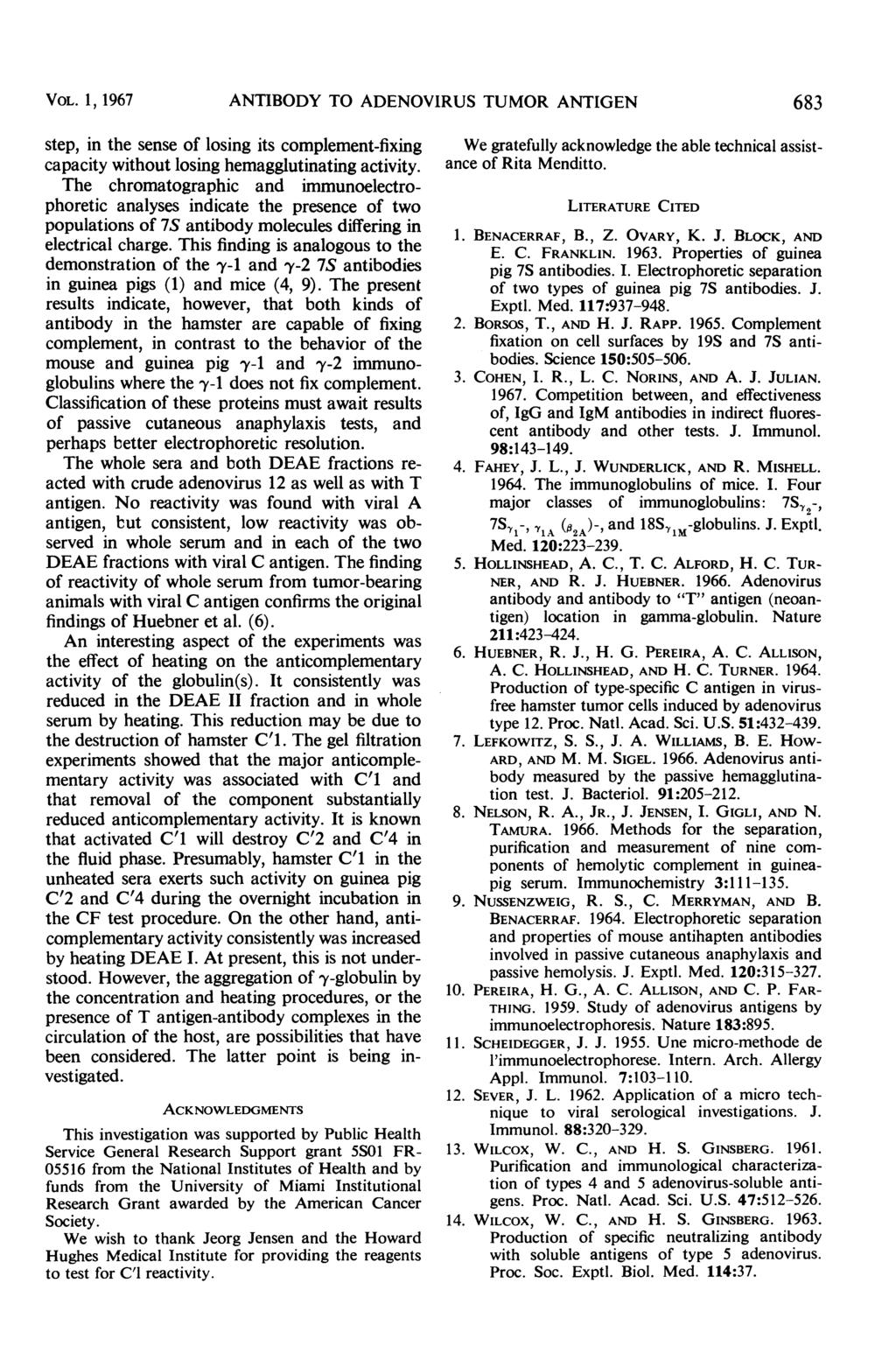 VOL. 1, 1967 ANTIBODY TO ADENOVIRUS TUMOR ANTIGEN 683 step, in the sense of losing its complement-fixing capacity without losing hemagglutinating activity.