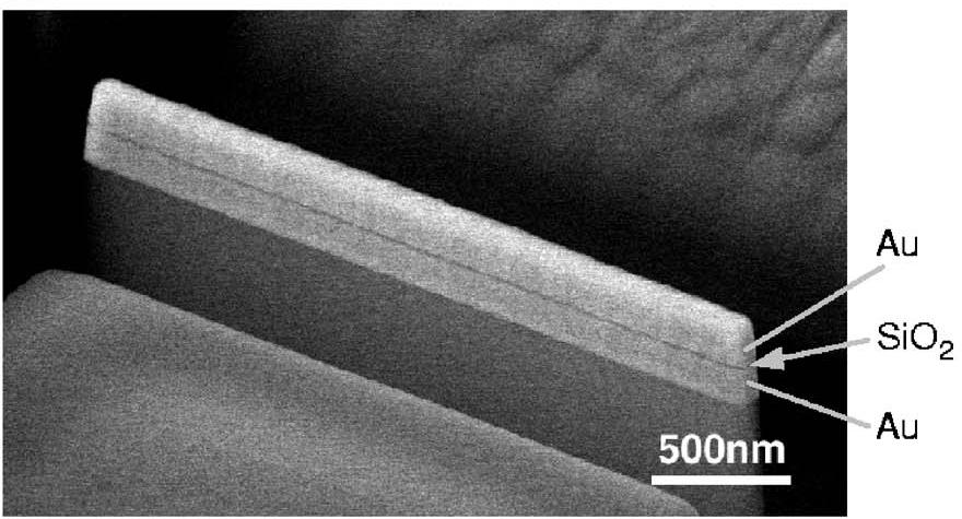 Figure 7. SEM micrograph of a fabricated nanosheet plasmonic cavity in the MIM configuration [29]. A thin nanoscale layer of SiO 2 is embedded between two covers of gold.