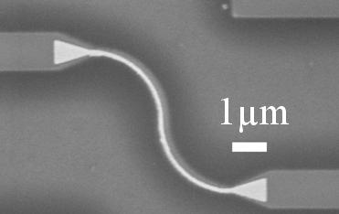 (a) (b) 1µm (c) Figure 34. SEM images of fabricated CGS S-bends at a) 2µm radius and b) 1µm radius. c) Wavelength scan of the normalized transmitted power of the 2µm radius S-bend.
