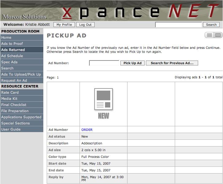 Pickup Previous Ad This will allow you to pickup a previously run ad into a new ad number If you know the specific ad number you can
