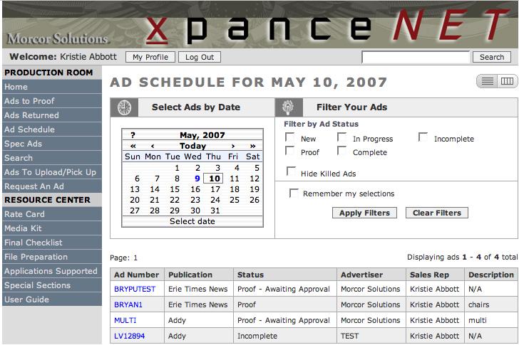 Ad Schedule The Ad Schedule shows the ads that have been booked for the individual including the status of the ads.