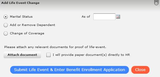 3.2 Life Event Change On the My Benefits screen, the employee can click on the button to enroll in benefits outside of an Open Enrollment period.
