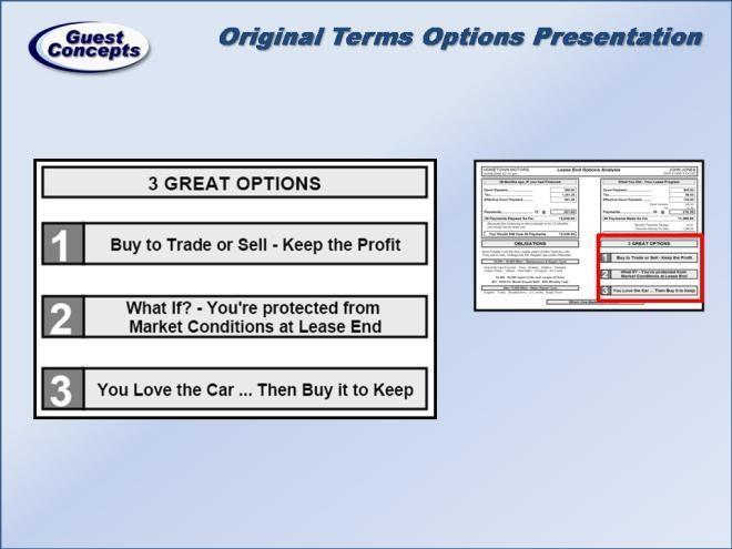 Your first Option is the Profit Option. If the value of the car is more than $9,250 you could Buy it to Trade or Sell it and you keep the Profit. The second Option is the Safety Option.