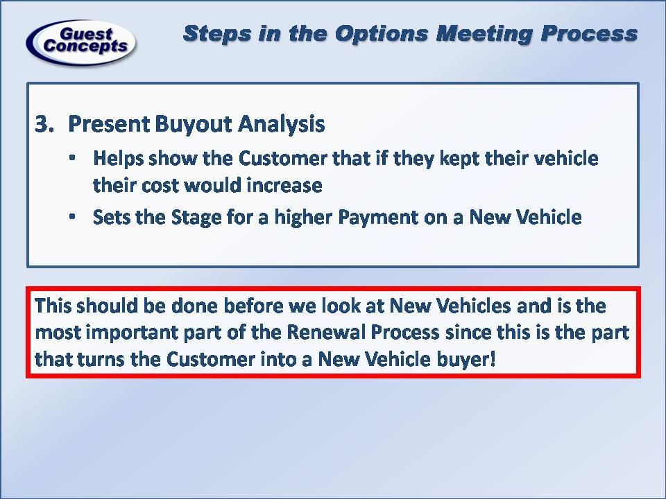 Step 3 is the Buyout Analysis. In this step we show them what their Payment would be if they bought their existing Leased Vehicle.