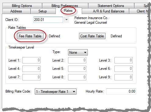 Determining Rates via the Fee Rate Table Tabs3 Billing allows you to create a fee rate table for each client. This table consists of a list of timekeepers with one rate per timekeeper.