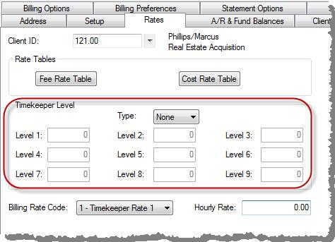 The Timekeeper Level method is assigned on the Rates tab of the Client file.