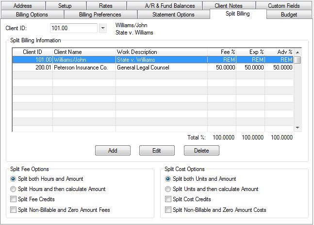 Figure 35, Split Billing tab Now let s configure the options that apply to all of the split matters in the Split Fee Options section: Figure 36, Split Fee Options 1.