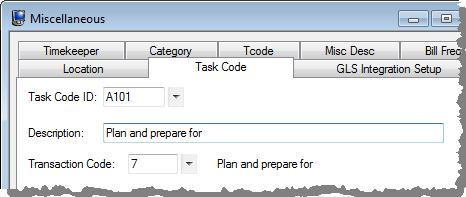 Activities/Expenses Menu: Task Folders: File Open Miscellaneous Task Code Setup Task Codes Set up the Activity and Expense codes that will be used for task based billing.