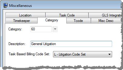 Categories Menu: Task Folders: File Open Miscellaneous Category Setup Category Each Tabs3 Billing category can optionally be associated with a specific task code set.