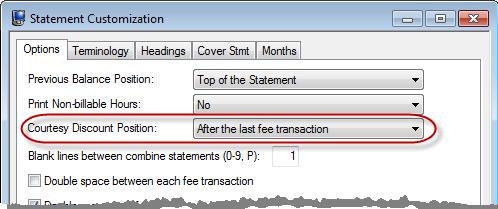 Change Discount Type to None after statement updated This option determines whether a discount is applied once or on every statement for the matter.