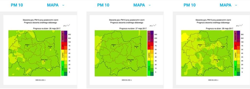 Air quality forecast website Air quality forecast for the Malopolska Region has been operated since 2010 using the GEM-AQ model Air