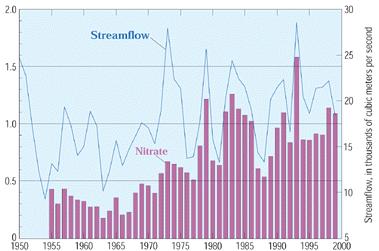 Nitrogen Loading in the Mississippi River 1972 average N export: 300,000 metric tons Currently: ~1 million metric