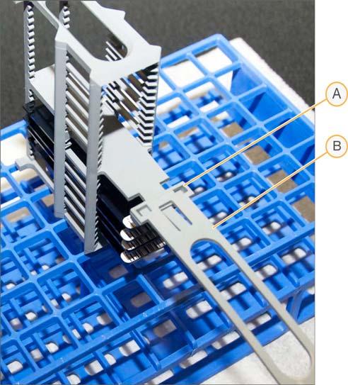GoldenGate Genotyping Assay Guide Automated Figure 152 Removing the Wash Rack Handle A B Tab Handle 6 Place any remaining BeadChips on the tube rack (Figure 153), with six