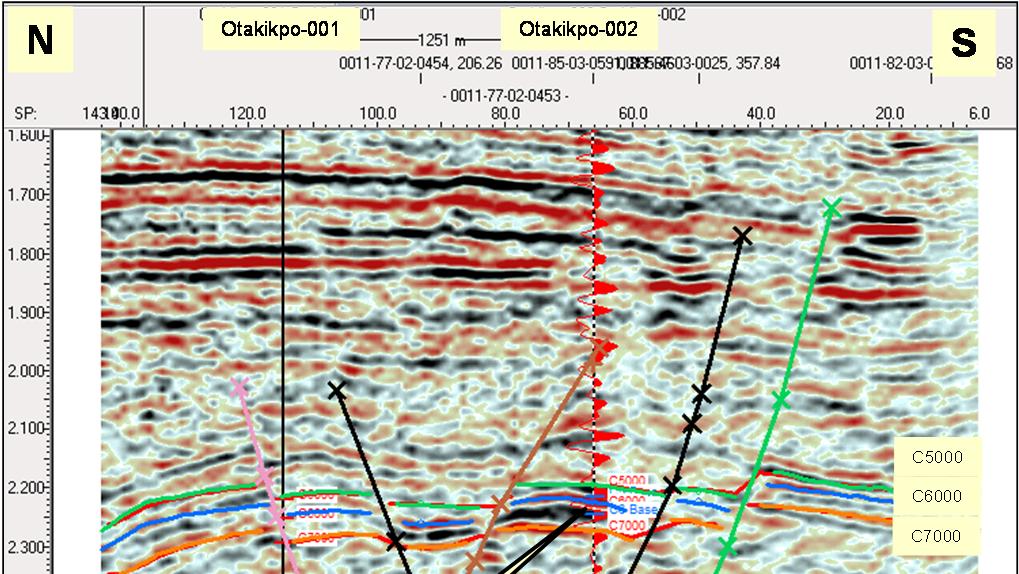 AGR TRACS CPR on Otakikpo for Lekoil Figure 2-2: Line 0011-77-02-0453 showing well ties The following sections summarise the results of this interpretation. 2.2.1. C5000 The C5000 horizon is the shallowest of the reservoirs encountered and is interpreted as a peak on the seismic data (Figure 2-2 above).