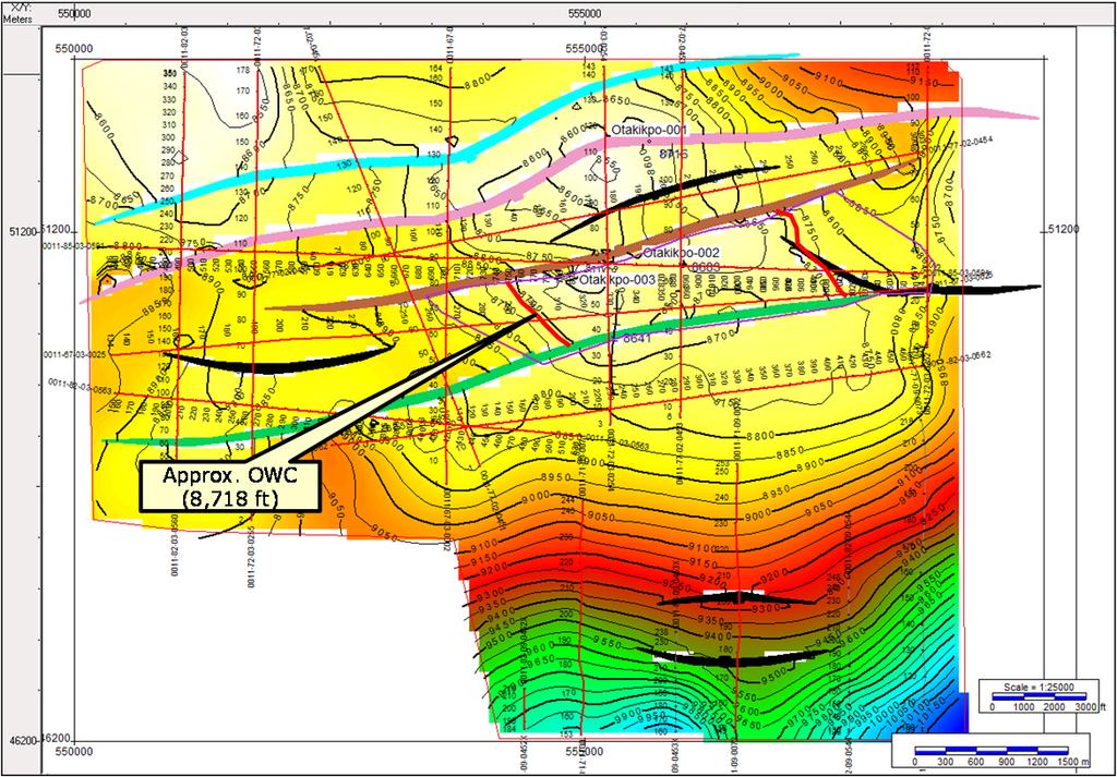 An ODT was picked in the Otakikpo-002 well at 8,491ft and this represents the minimum case. The closing contour at 8,502ft was used to constrain the upside.