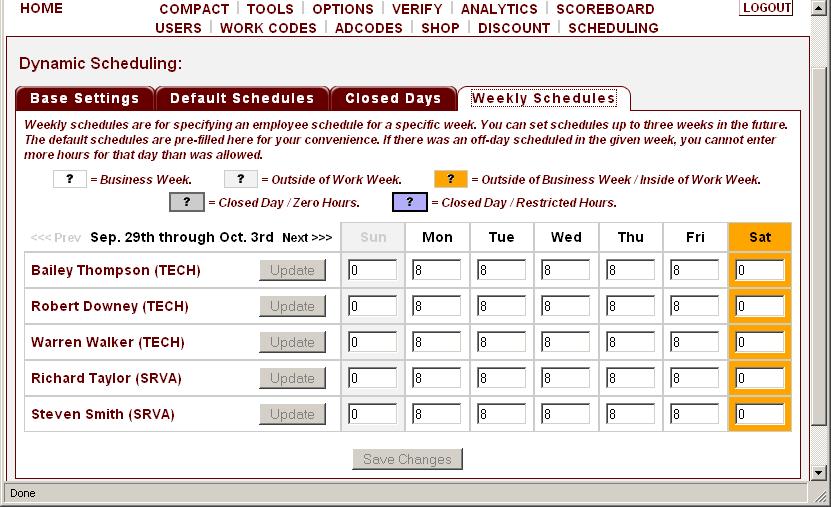 Scheduling The last tab is the WEEKLY SCHEDULES tab. This tab allows you to modify employee s daily schedules which may include leave, vacations, sick days, etc.