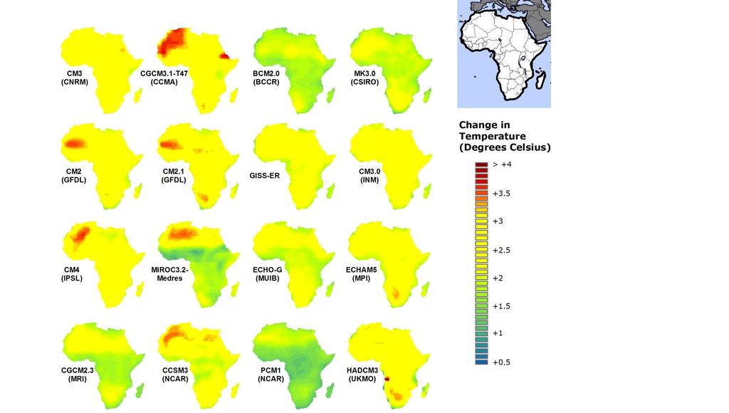 Temperature Change in Africa by 2050s GCMs more in agreement This map shows the temperature change projected by the considered climate model, under the A2 scenario for 2040-2069 as compared to