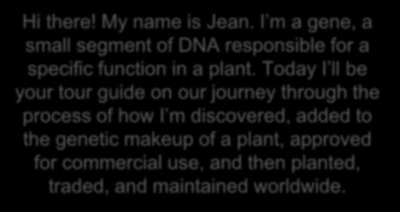 Introduction Hi there! My name is Jean. I m a gene, a small segment of DNA responsible for a specific function in a plant.