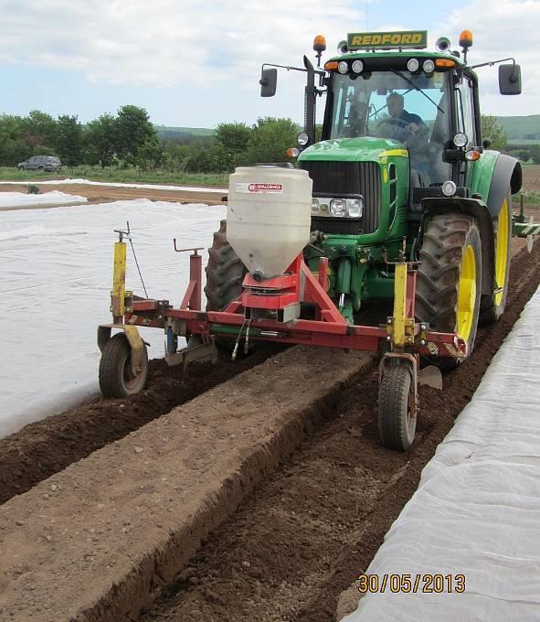 The sheets are then secured in place by the tractor that created the furrow, pushing the soil back into the furrow and the driving over it to