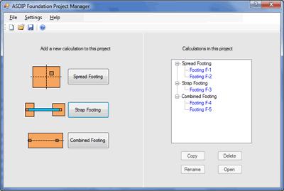 Project Manager Main Window The Project Manager is the central piece of ASDIP Foundation. From there all file activities may be performed, as well as get access to the calculation sheets.