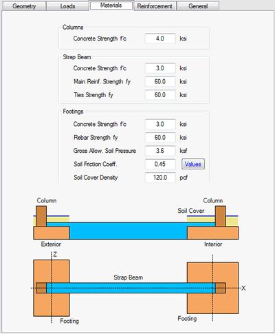 Strap Footing Materials The Materials tab is designed to enter the information about the columns and the footing, as shown below.