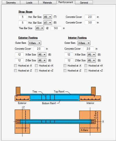 Strap Footing Reinforcement The Reinforcement tab has been included to enter all the required information to design the rebars for the foundation, as shown below.