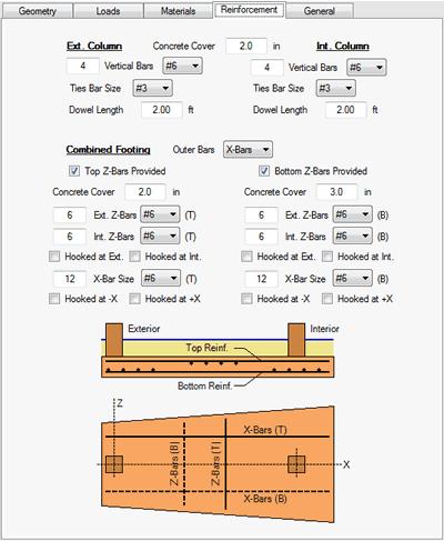 Combined Footing Reinforcement The Reinforcement tab has been included to enter all the required information to design the rebars for the foundation, as shown below.