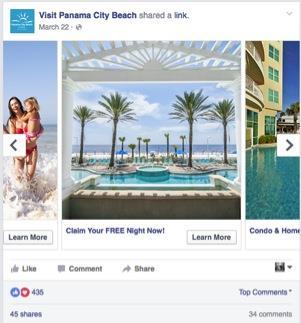 Facebook Carousel Ads (Empty Nesters and Young Couples) Highlights Target active PCB followers, friends of followers and vacation/beach intenders on Facebook Showcase multiple images and links within