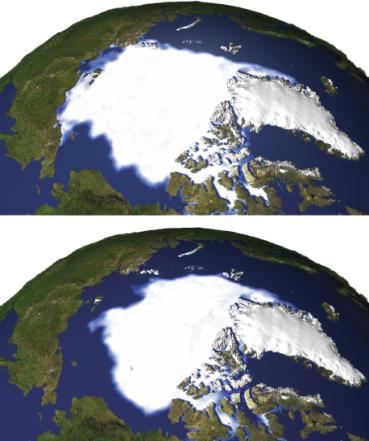 Top is Arctic ice in September 1979, bottom is in