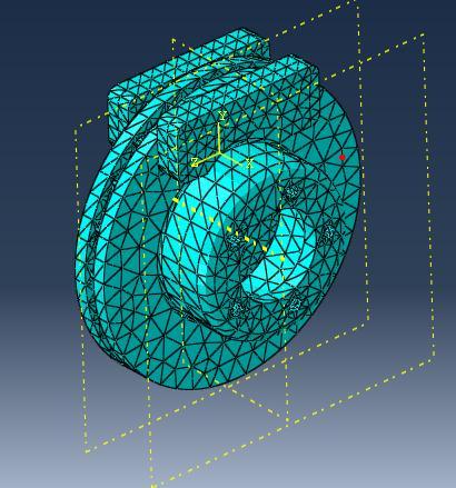 The disc and pad are individually meshed and meshed assembly is shown in figure[3]. The details of meshed model are as follows. Type of mesh : TETRAHEDRAL Sizing : Coarse No. of Nodes : 28727 No.