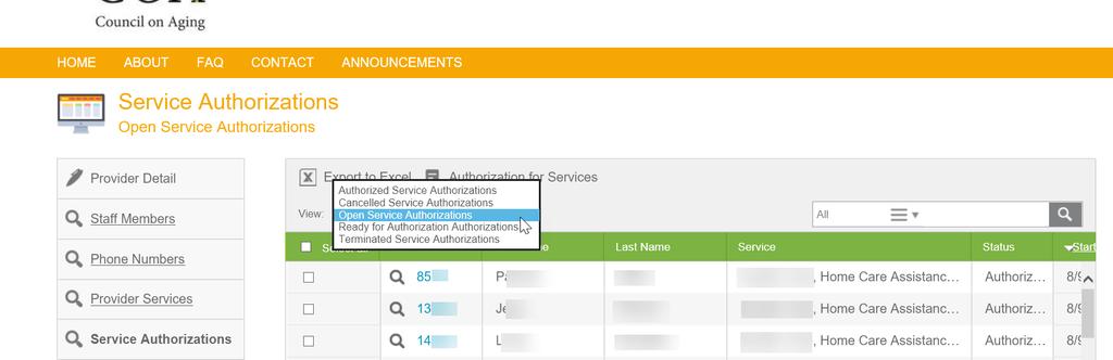 authorization, or print the service authorization or export a list to Excel.