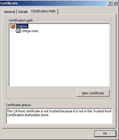 Integrating IBM Cognos Planning into a SSL enabled Dispatcher 11 Here you can see that the certificate presented by our dispatcher (or Common Name) cannot be verified because the CA (Cognos) which