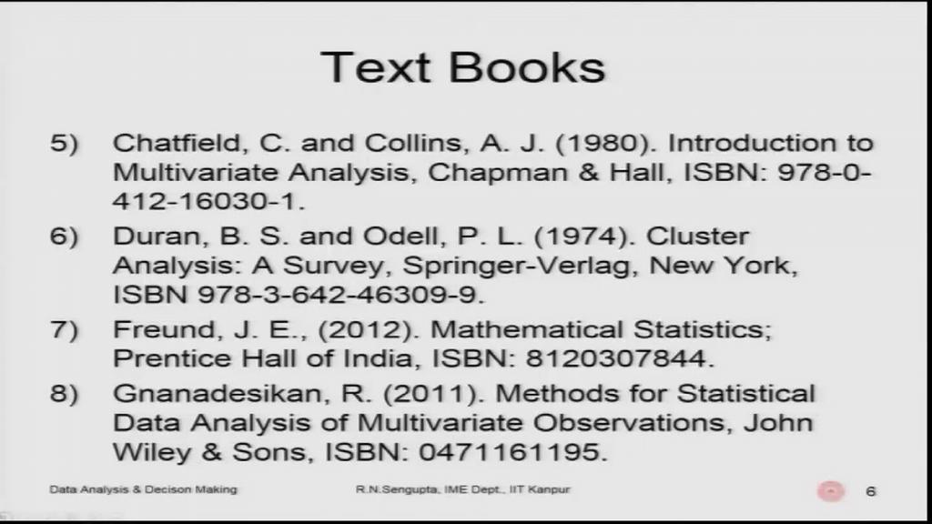 (Refer Slide Time: 10:46) The other books which will be considered for different type of multivariate statistics would be a Chatfeild book about multivariate analysis.