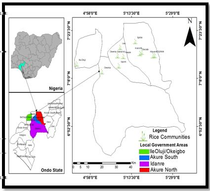 Figures 1 and 2 shows the study area map in Ekiti and Ondo States. Figure 1: Study area map showing sampled rice communities in Ekiti State. Source: Field survey, 2013.