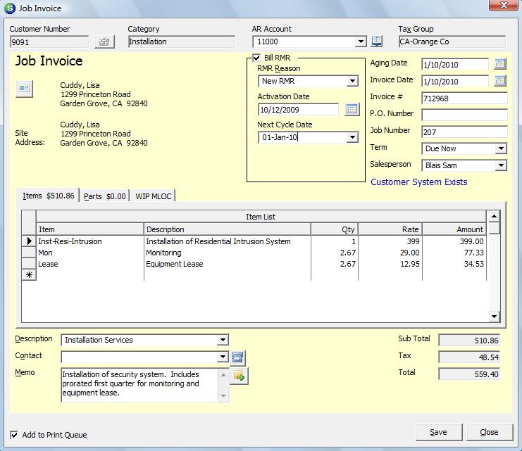 Entire Job Charges Invoicing Installation Charges and RMR are