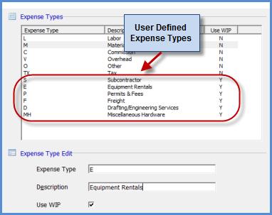 User Defined Expense Types You may add as many Job Expense Types as needed for your reporting purposes. Each Expense Type you create may be flagged to Use WIP.