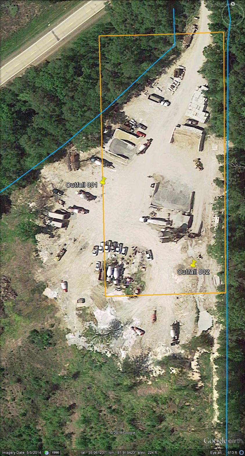 Inspection Report: Browning Redi-Mix, AFIN: 73-01185, Permit #: ARR000923 Google Earth image of the area with the two ditches that border the property outlined in blue, the permitted coordinates of