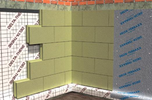 Another option is to install additional thermal insulation by gluing perimeter insulation boards to the DELTA -THENE waterproofing with a solvent-free cold-setting bitumen adhesive or a perimeter