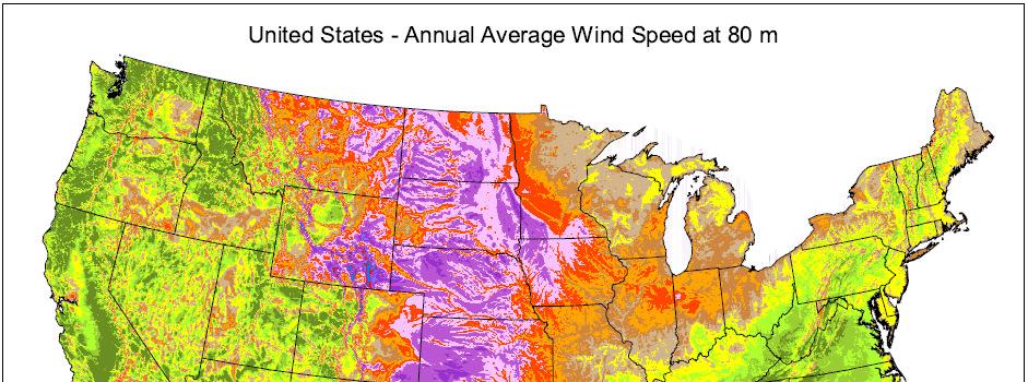 3.1.2 US Wind Resources January 27, 2011 The U.S. map shows the predicted mean annual wind speeds at 80-m height.