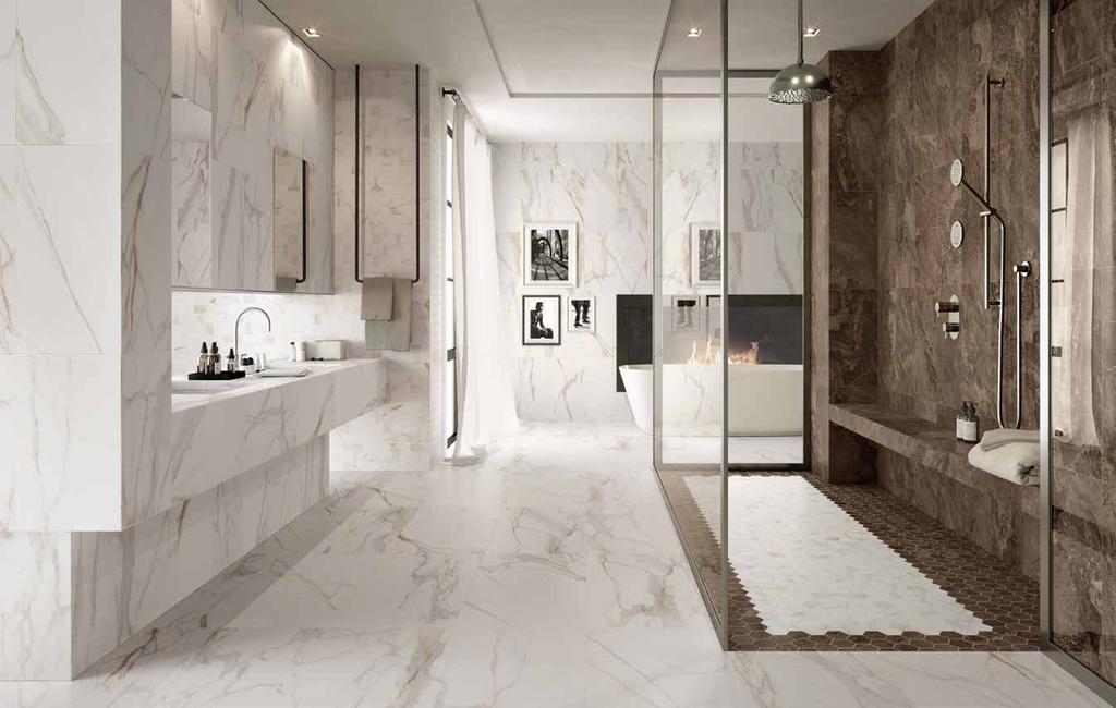 simply Charme presents a bright marble look surface with a natural finish that covers the contemporary space.