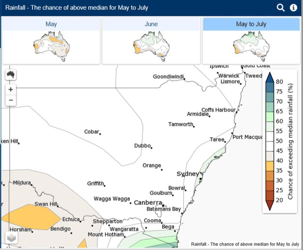 3 Month Forecast Climatic Conditions The May to July rainfall outlook, issued 26 April 218, indicates little shift towards wetter or drier conditions over most of NSW except the far south-east corner.