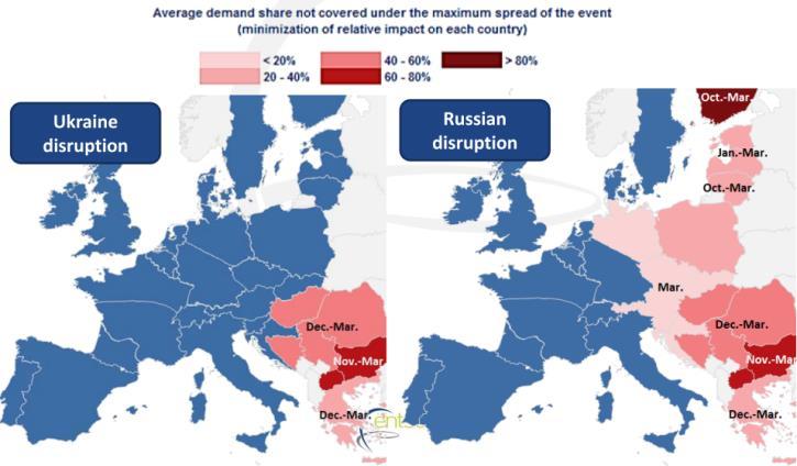 Based on the ENTSOG analysis for the upcoming winter 2014/2015, the impact of a Ukraine and Russian disruption on natural gas shortages in Europe in the case of an average winter demand can be seen