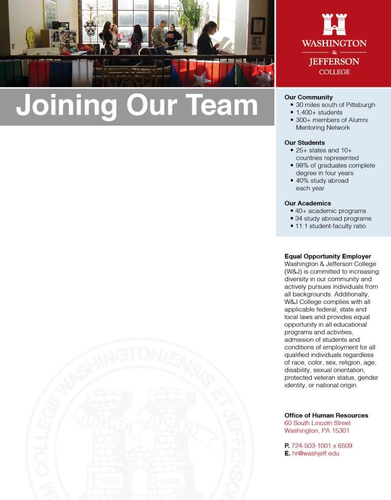 Washington & Jefferson College (W&J) is searching for staff members to contribute their talents to our campus community.