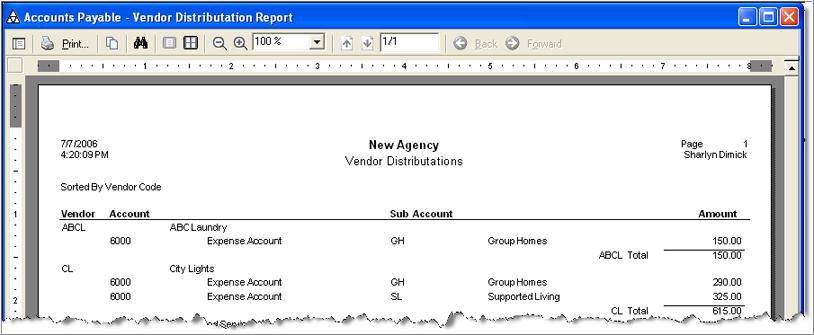 4 Vendor Distribution Reports You will see the Vendor Distributions Report print preview. 4.