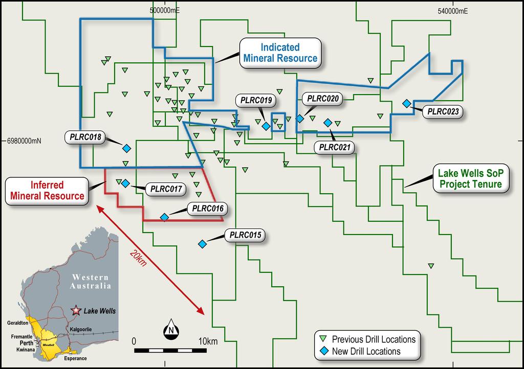 Figure 4: Location of recent drilling relative to past brine exploration bores, and the Mineral Resource outlines demonstrating the potential for this drilling to add to the existing Mineral Resource
