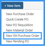 Fill out the fields as desired Click Submit PO to create the SM Purchase Order NOTE: Only users assigned Create PO in User Access will be able to create new SM Purchase Orders Purchasing