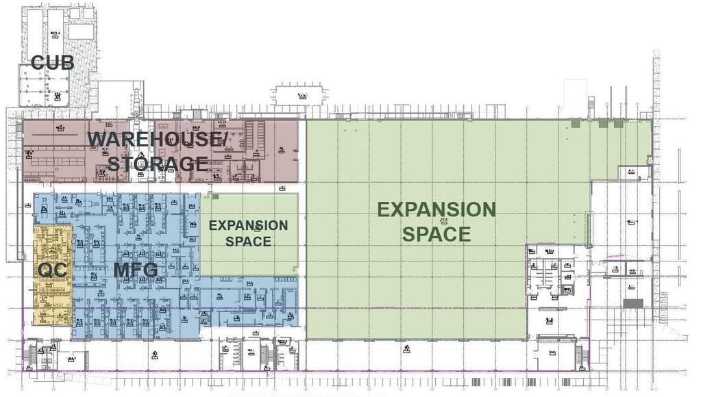 FLOOR PLAN Phase I - manufacturing and QC areas Designed for ISO 7 clean room manufacturing space Main HVAC duct work and process piping