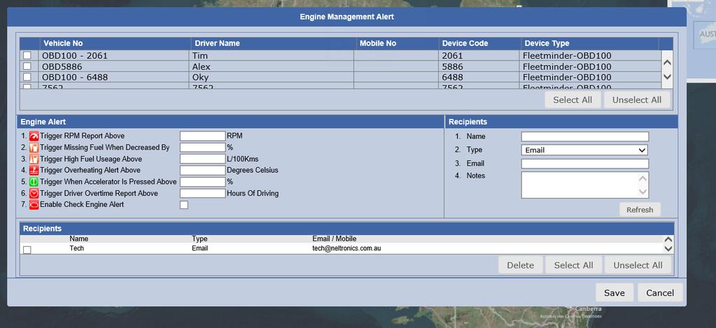 Select Alert > Engine Management Alert and the Engine Management Alert window will popup Select the vehicle for which alerts need to be set up.